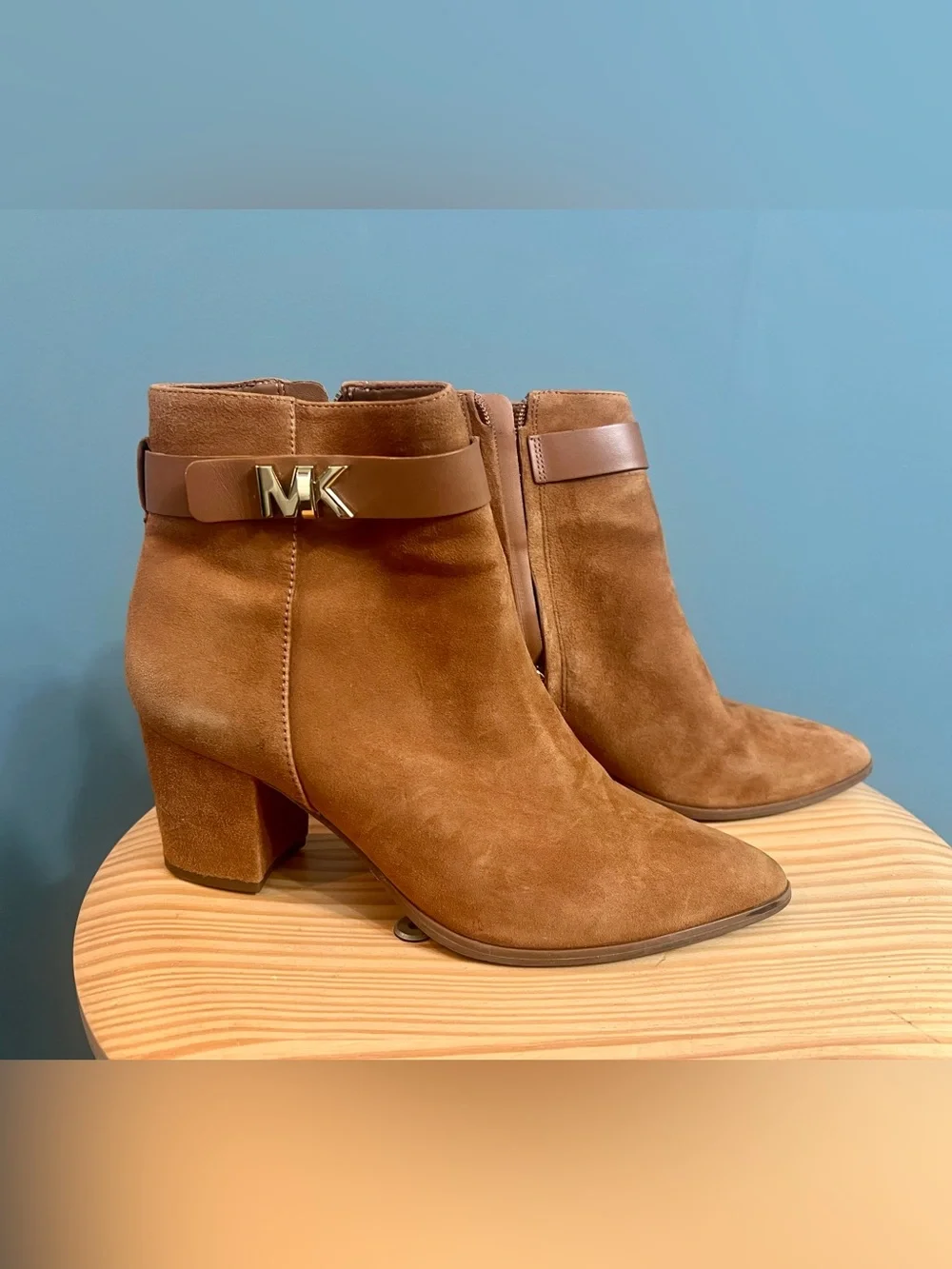 Michael Kors Brown Suede MK Logo Ankle Boots Block Heel Size 6.5